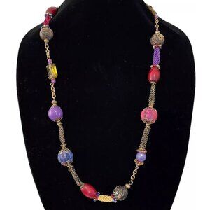 Eclectic Multicolor Boho Statement Necklace Chunky Wood Beads Ethnic Rhinestones